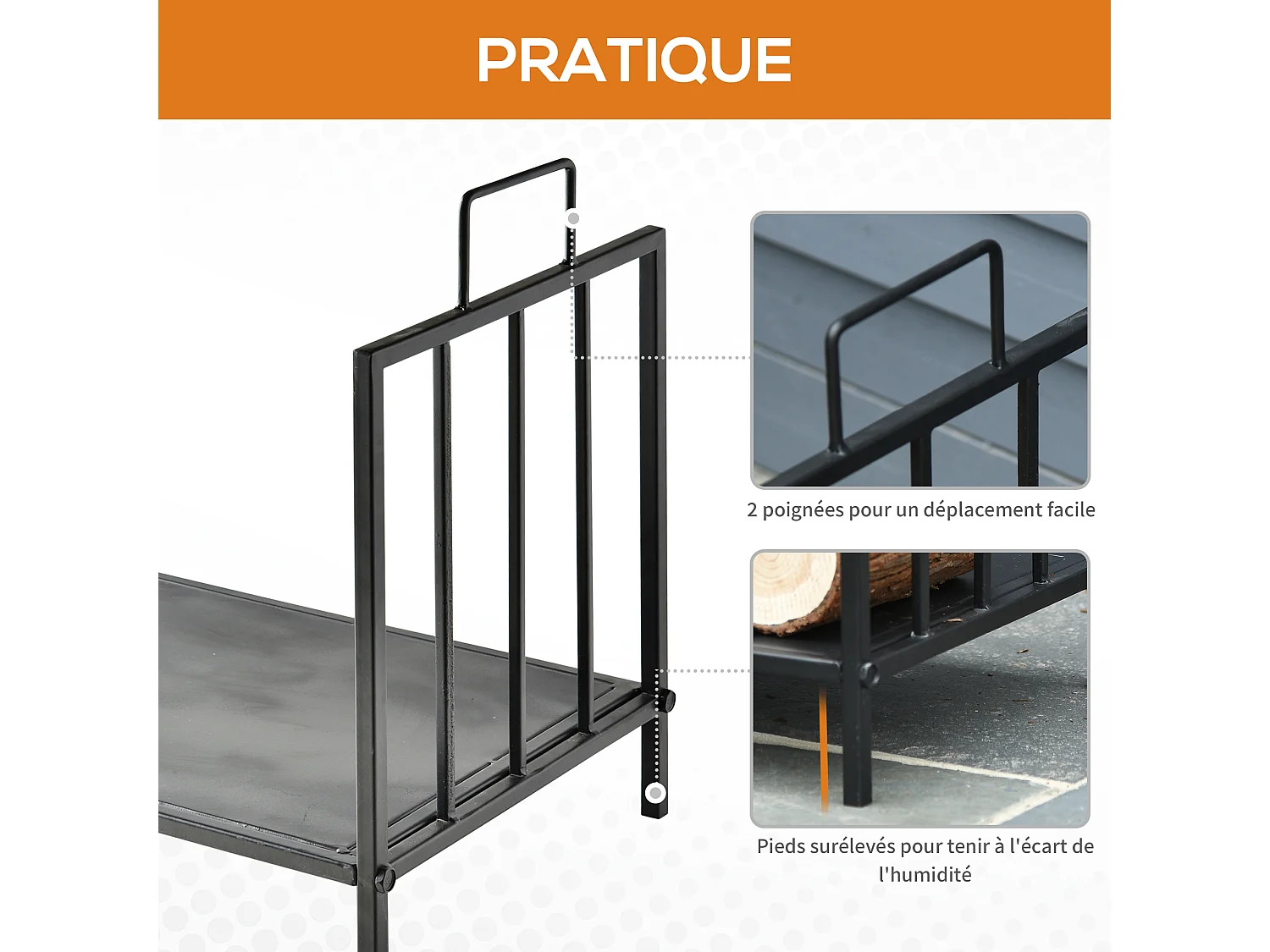 HOMCOM Etagère porte bois de cheminée porte-bûches charge max. 15 Kg dim. 44L x 33l x 46H cm métal époxy noir