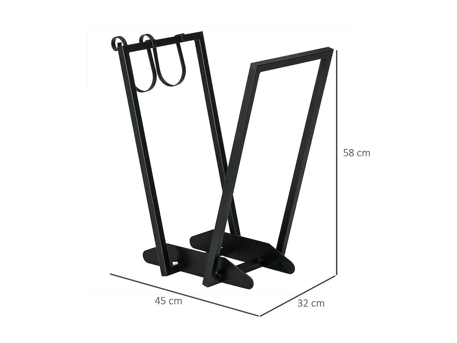 Range-bûches porte bûche range bois de chauffage en acier design trapézoïdal avec 2 crochets et étagère inférieure pour intérieur et extérieur 45 x 32 x 58 cm noir