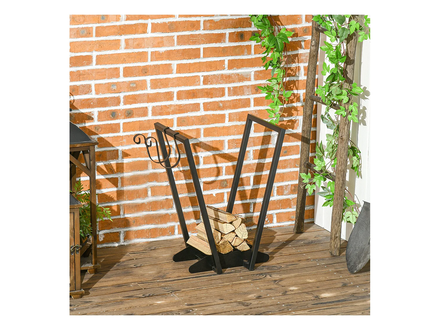 Range-bûches porte bûche range bois de chauffage en acier design trapézoïdal avec 2 crochets et étagère inférieure pour intérieur et extérieur 45 x 32 x 58 cm noir