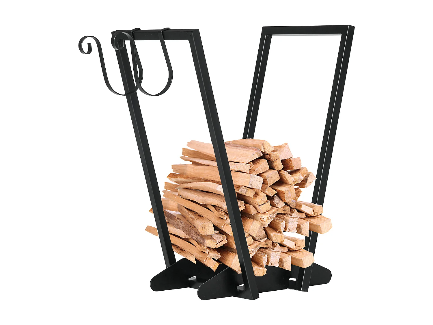 Range-bûches porte bûche range bois de chauffage en acier design trapézoïdal avec 2 crochets et étagère inférieure pour intérieur et extérieur 45 x 32 x 58 cm noir