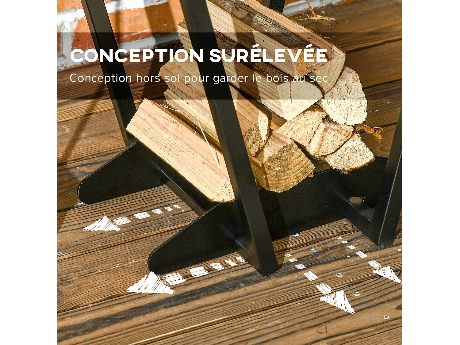 Range-bûches porte bûche range bois de chauffage en acier design trapézoïdal avec 2 crochets et étagère inférieure pour intérieur et extérieur 45 x 32 x 58 cm noir