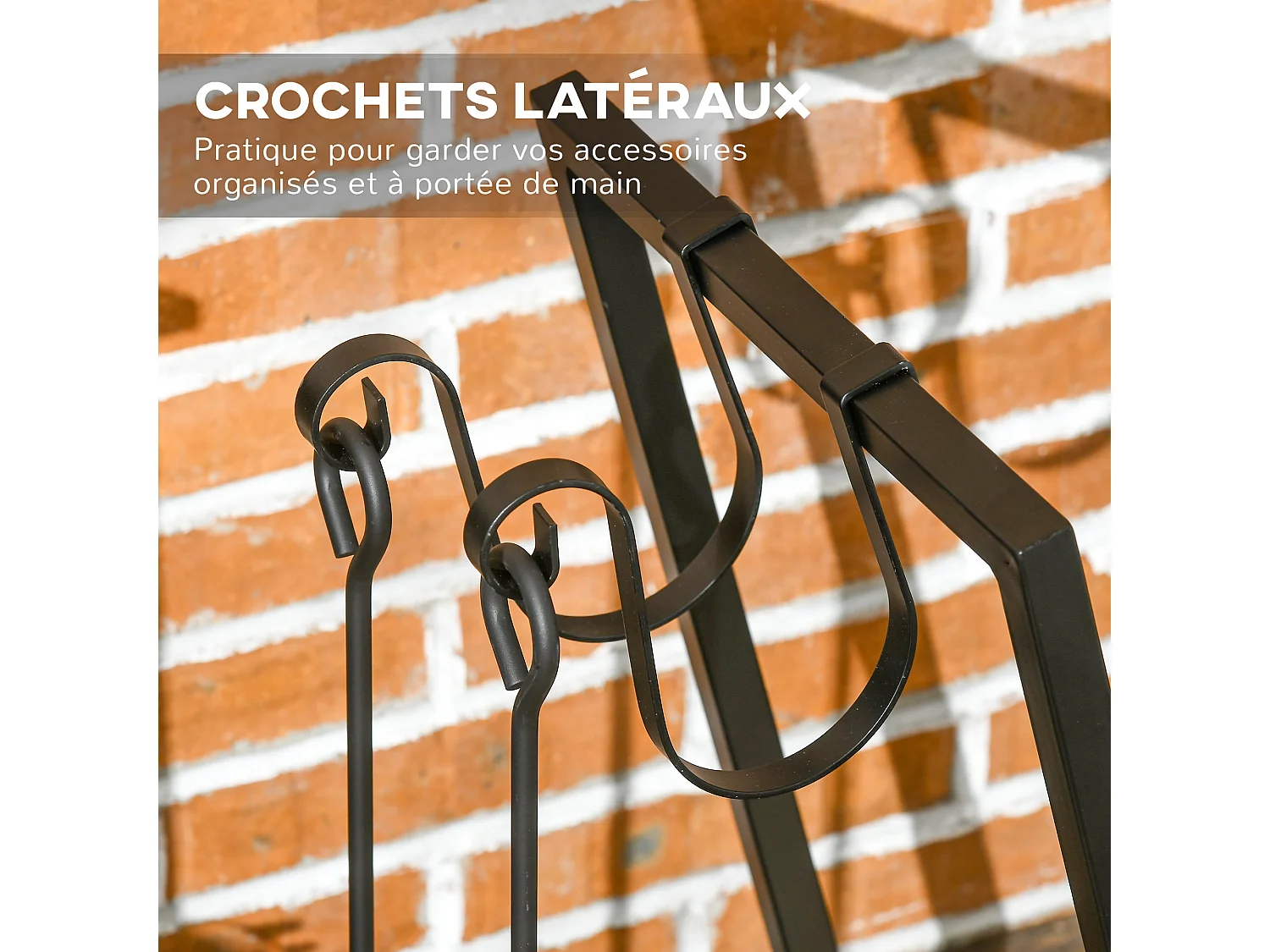 Range-bûches porte bûche range bois de chauffage en acier design trapézoïdal avec 2 crochets et étagère inférieure pour intérieur et extérieur 45 x 32 x 58 cm noir