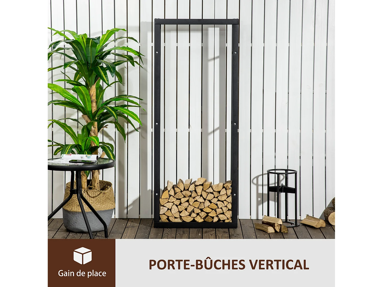 Etagère porte bois de cheminée porte-bûches design contemporain charge max. 100 Kg dim. 60L x 25l x 150H cm métal noir