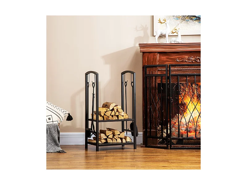 Serviteur de cheminée - porte bûches - range bûches multi accessoires 2 étagères 40L x 30l x 75H cm métal noir