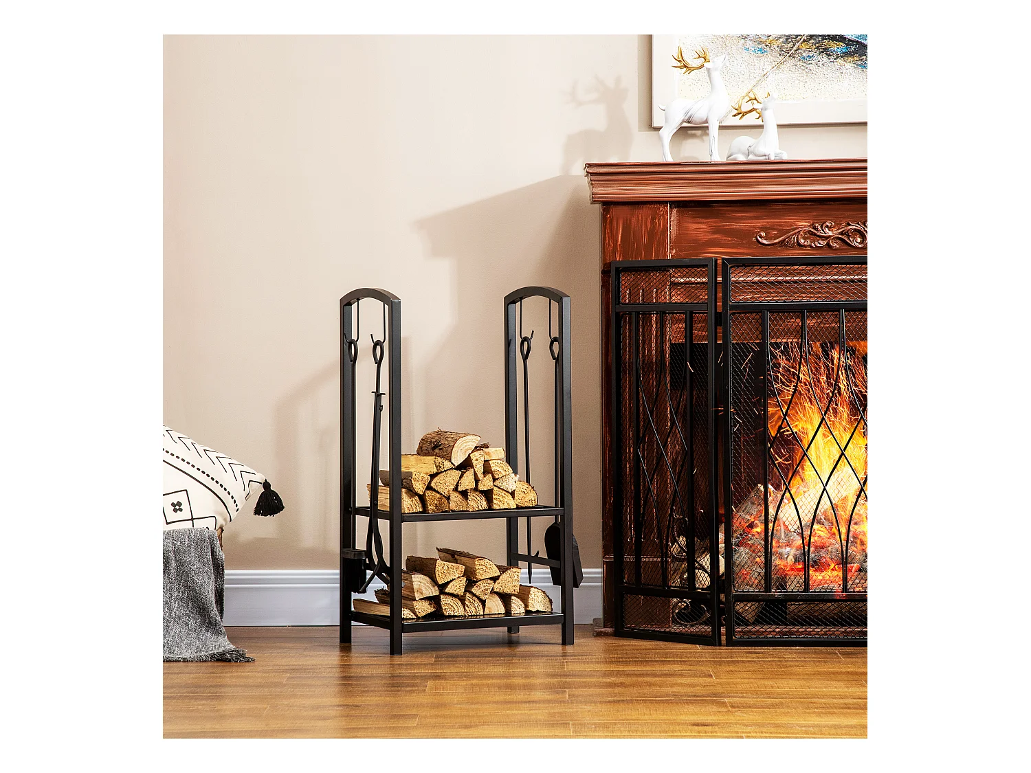 Serviteur de cheminée - porte bûches - range bûches multi accessoires 2 étagères 40L x 30l x 75H cm métal noir