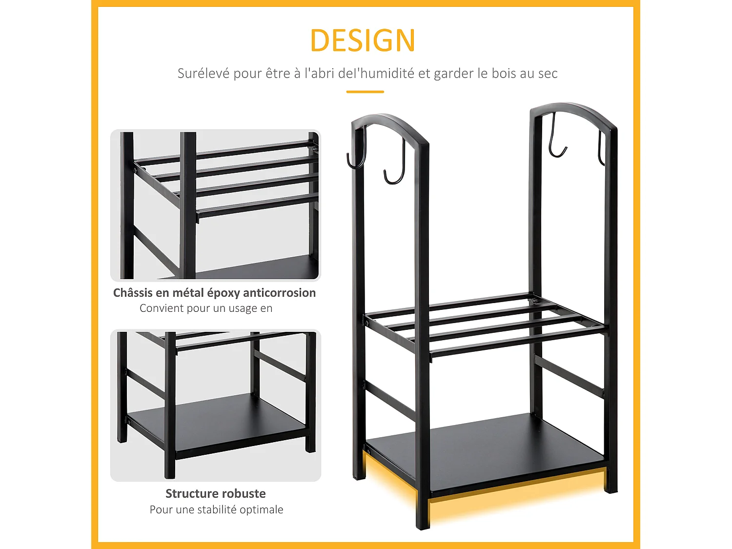 Serviteur de cheminée - porte bûches - range bûches multi accessoires 2 étagères 40L x 30l x 75H cm métal noir