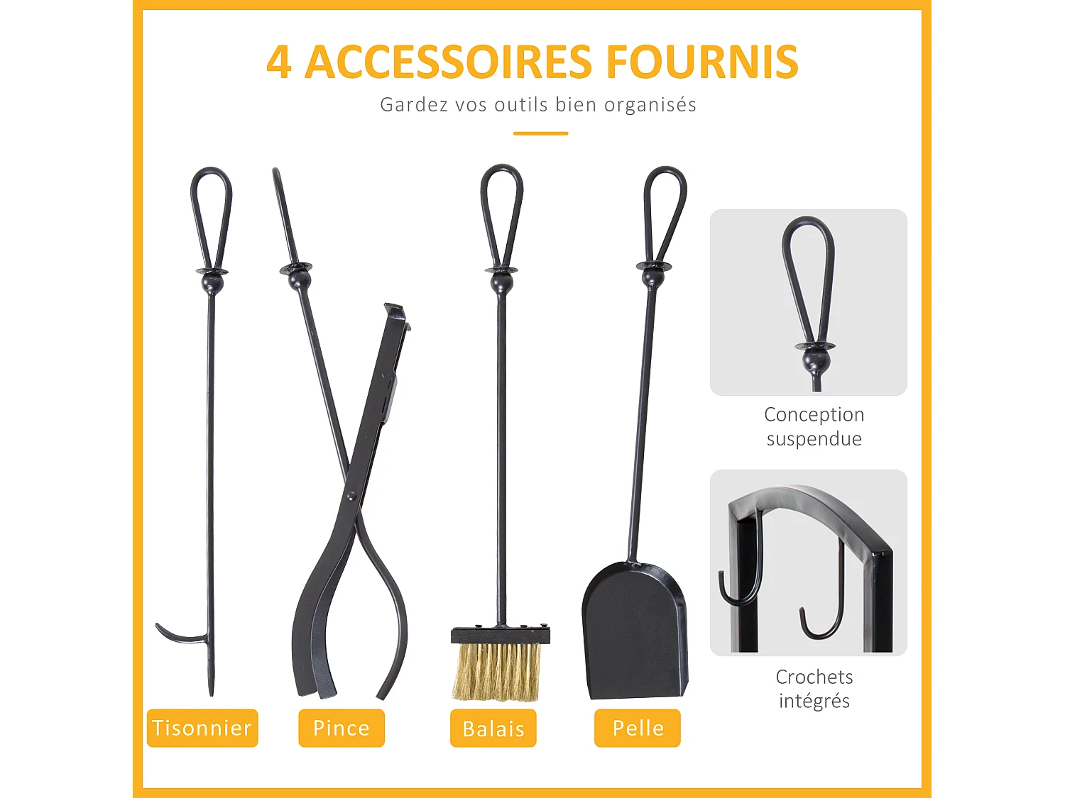 Serviteur de cheminée - porte bûches - range bûches multi accessoires 2 étagères 40L x 30l x 75H cm métal noir