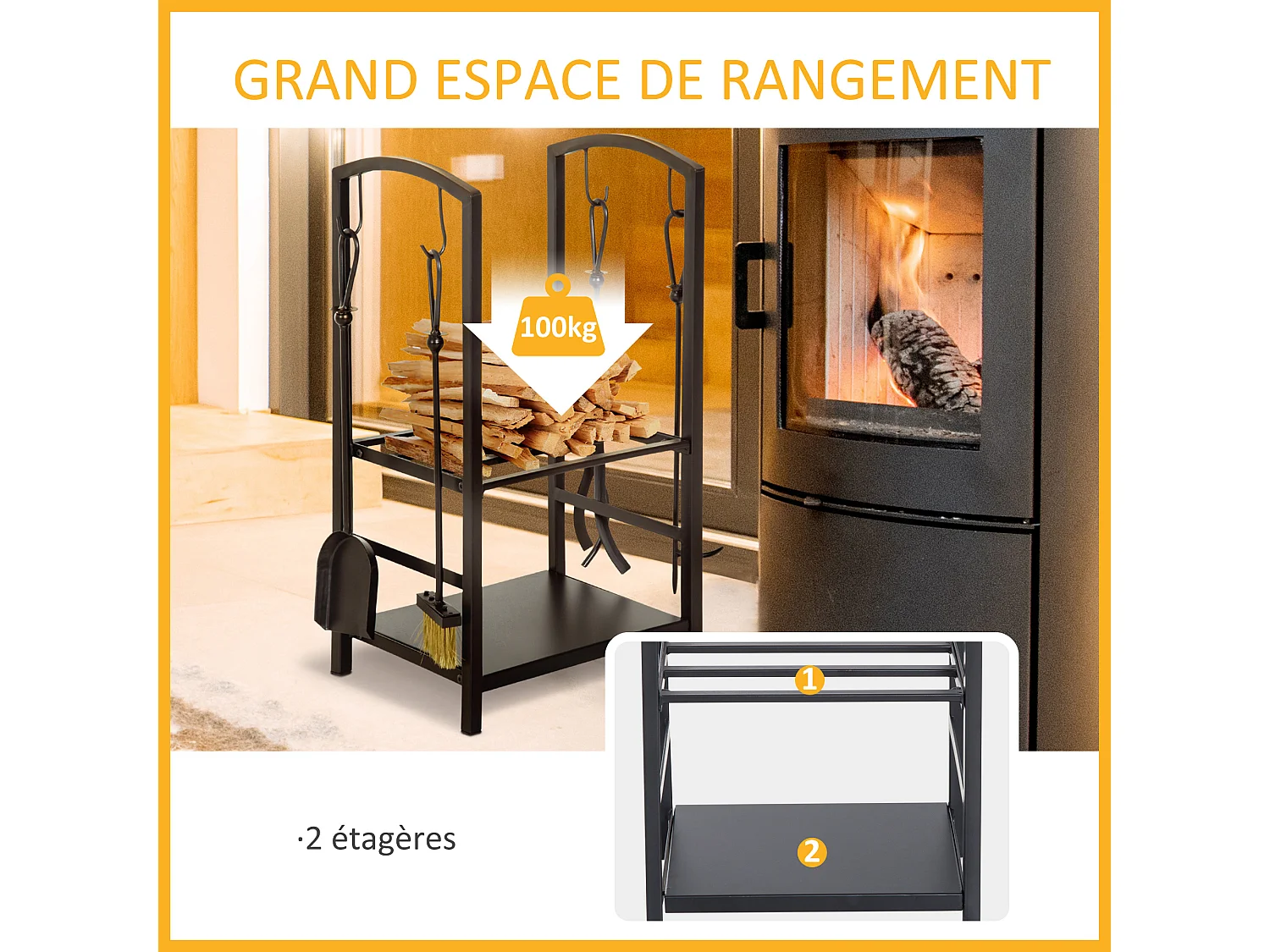 Serviteur de cheminée - porte bûches - range bûches multi accessoires 2 étagères 40L x 30l x 75H cm métal noir