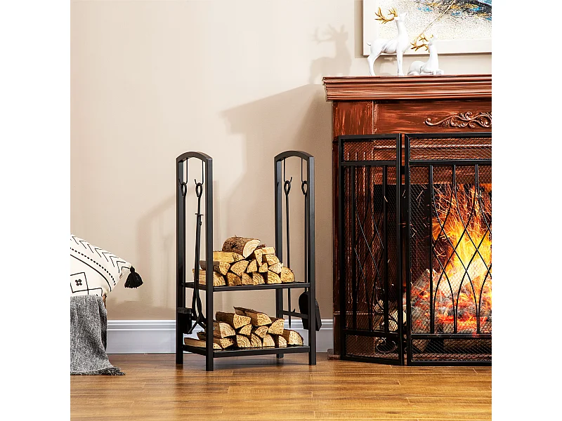 Serviteur de cheminée - porte bûches - range bûches multi accessoires 2 étagères 40L x 30l x 75H cm métal noir