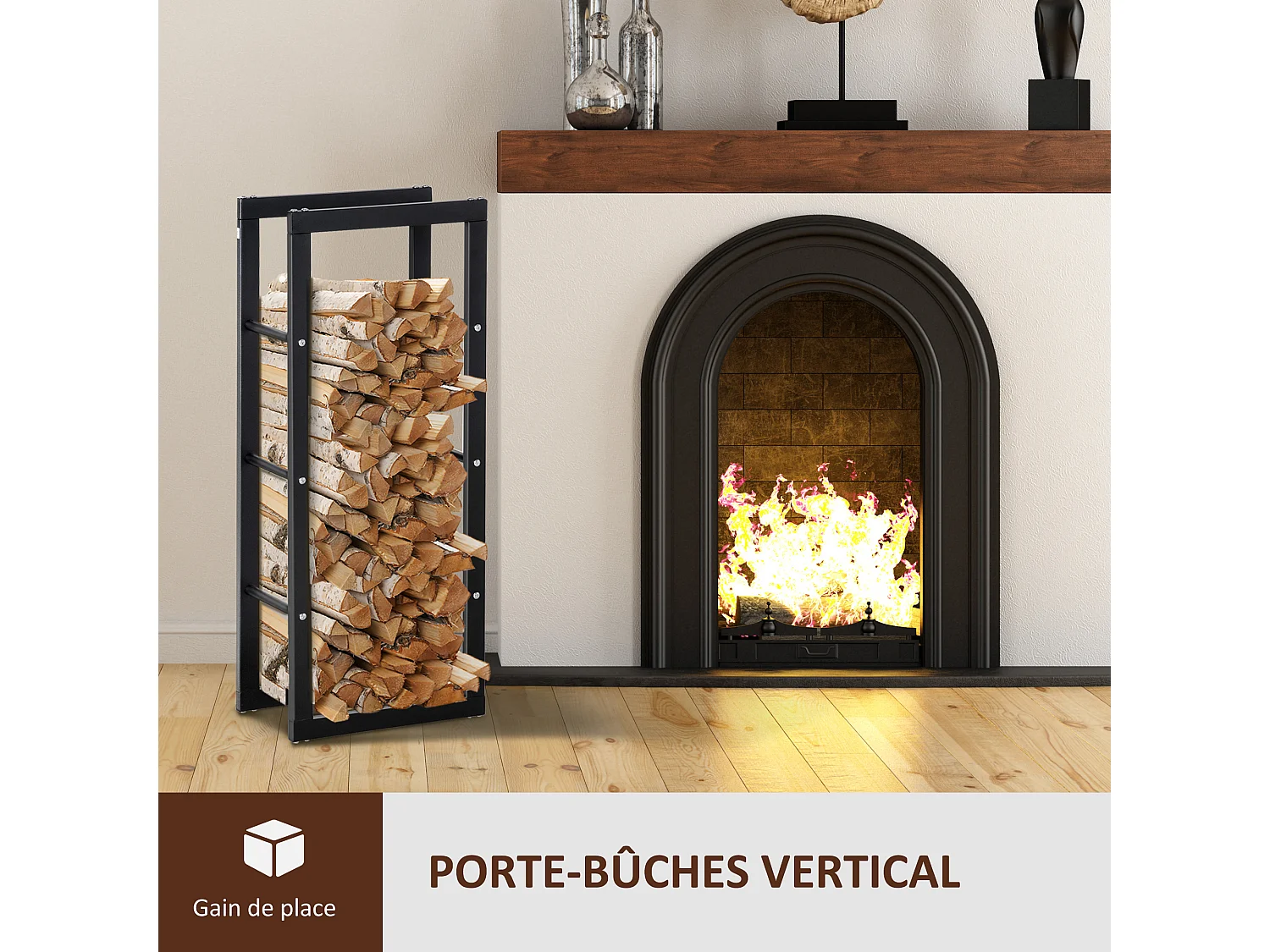 Etagère porte bois de cheminée porte-bûches design contemporain charge max. 100 Kg dim. 40L x 25l x 100H cm métal noir