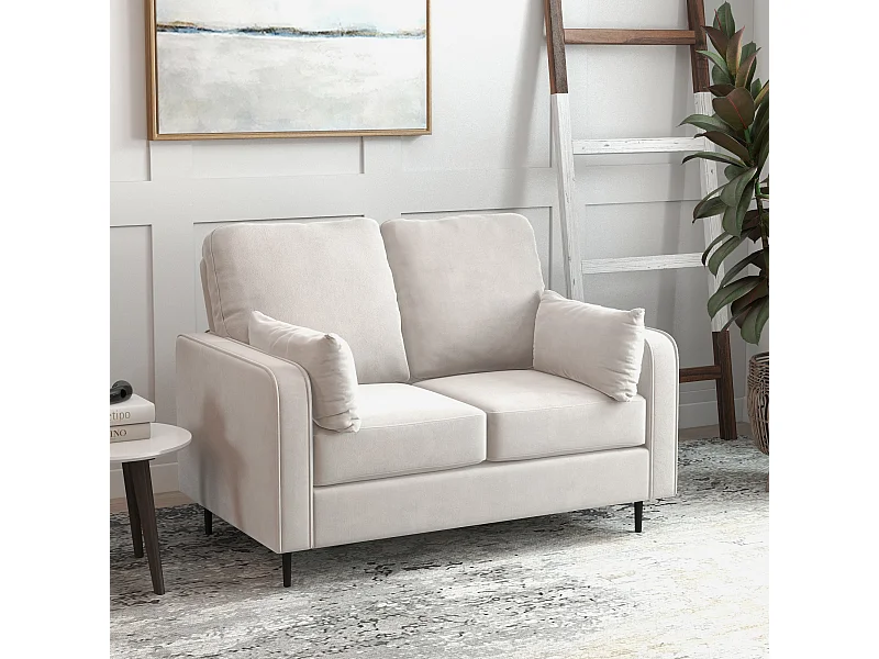 Canapé 2 places design contemporain - 2 coussins déco inclus - piètement acier noir velours beige