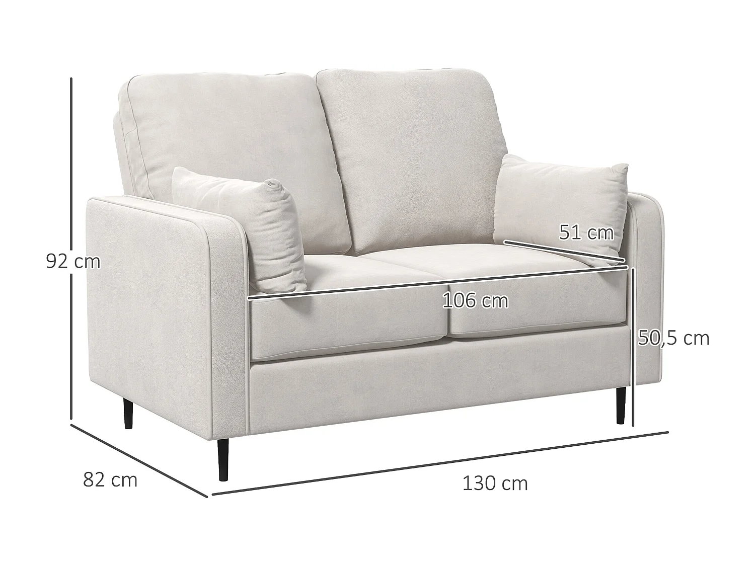 Canapé 2 places design contemporain - 2 coussins déco inclus - piètement acier noir velours beige