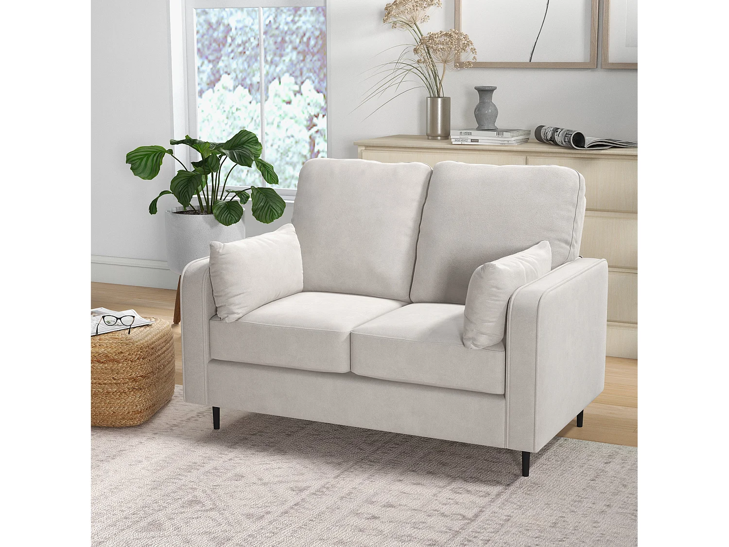 Canapé 2 places design contemporain - 2 coussins déco inclus - piètement acier noir velours beige