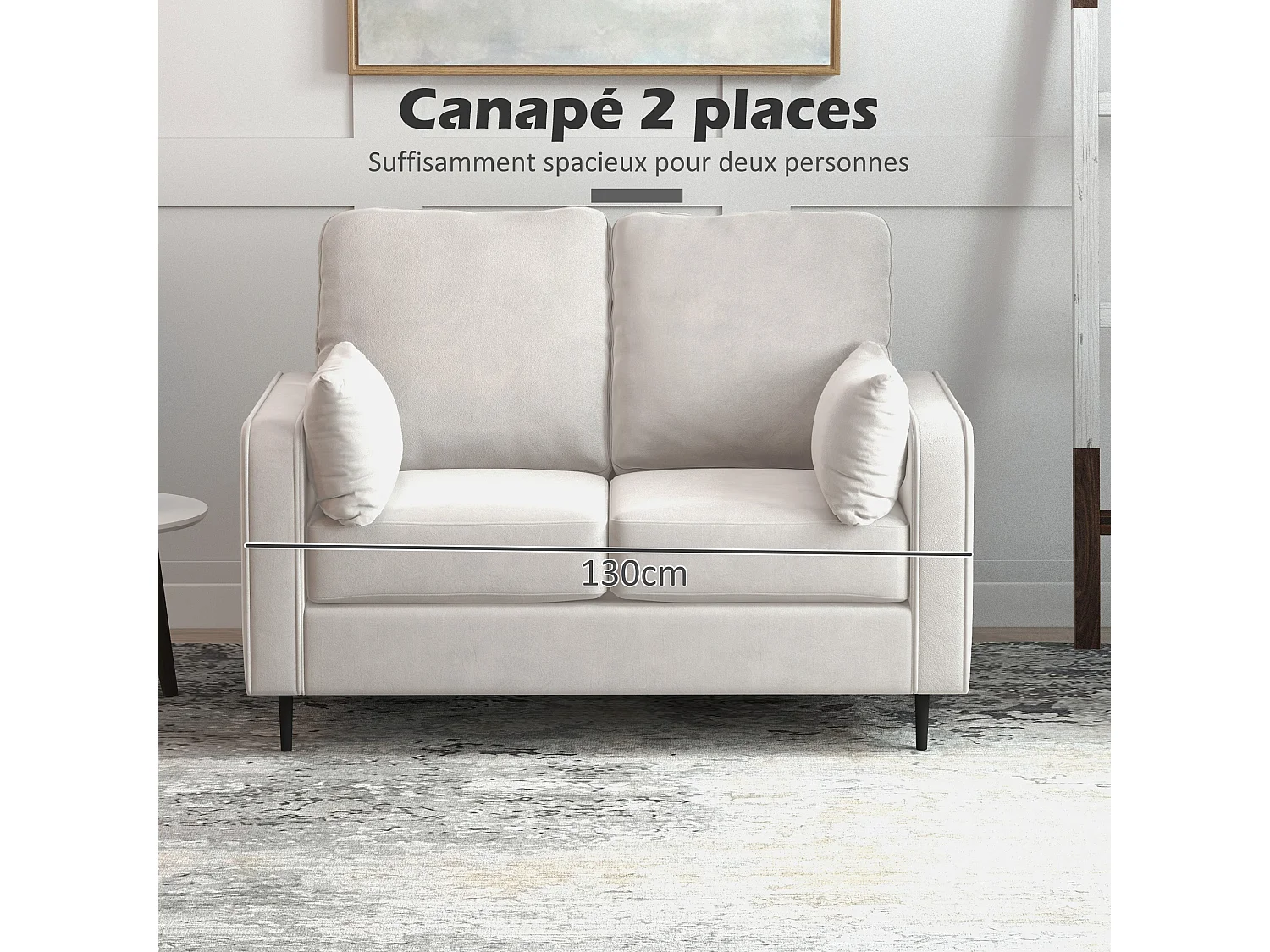 Canapé 2 places design contemporain - 2 coussins déco inclus - piètement acier noir velours beige