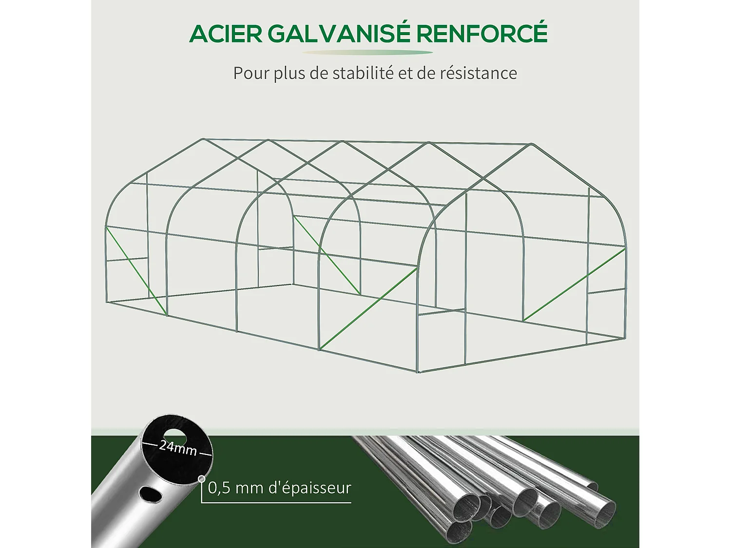 Serre tunnel grande taille 17,85 m² châssis tubulaire acier galvanisé renforcé 2,4 cm 8 fenêtres 1 porte blanc