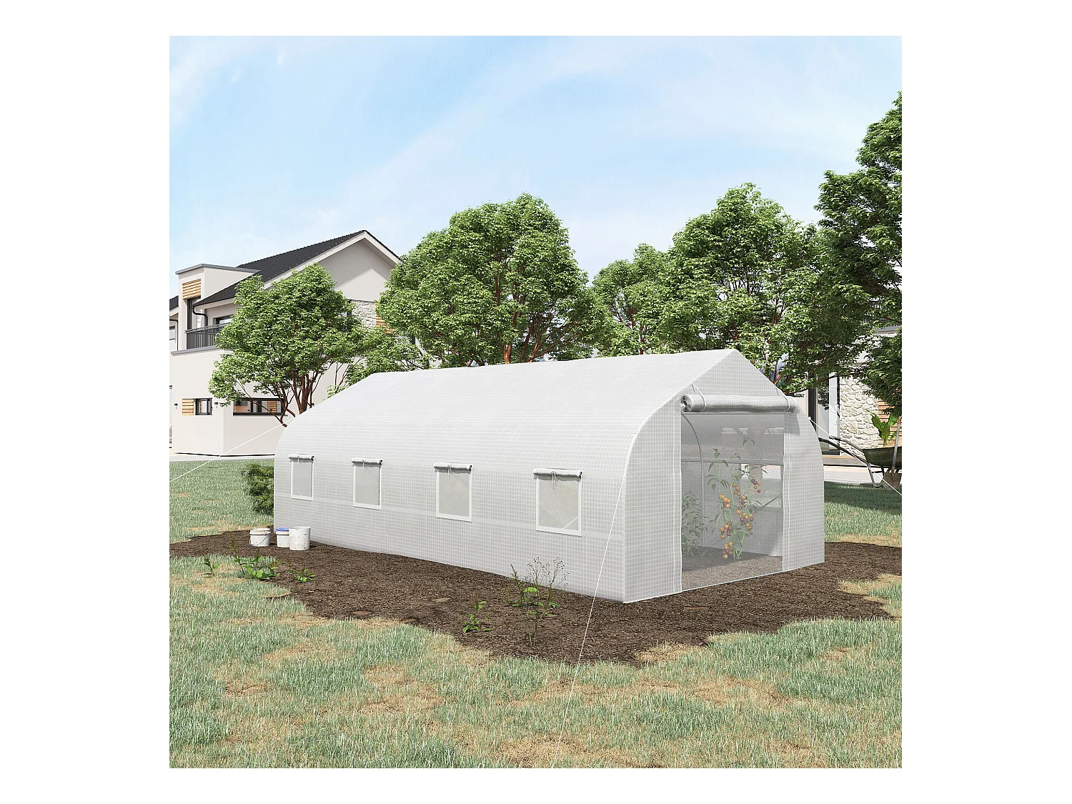 Serre tunnel grande taille 17,85 m² châssis tubulaire acier galvanisé renforcé 2,4 cm 8 fenêtres 1 porte