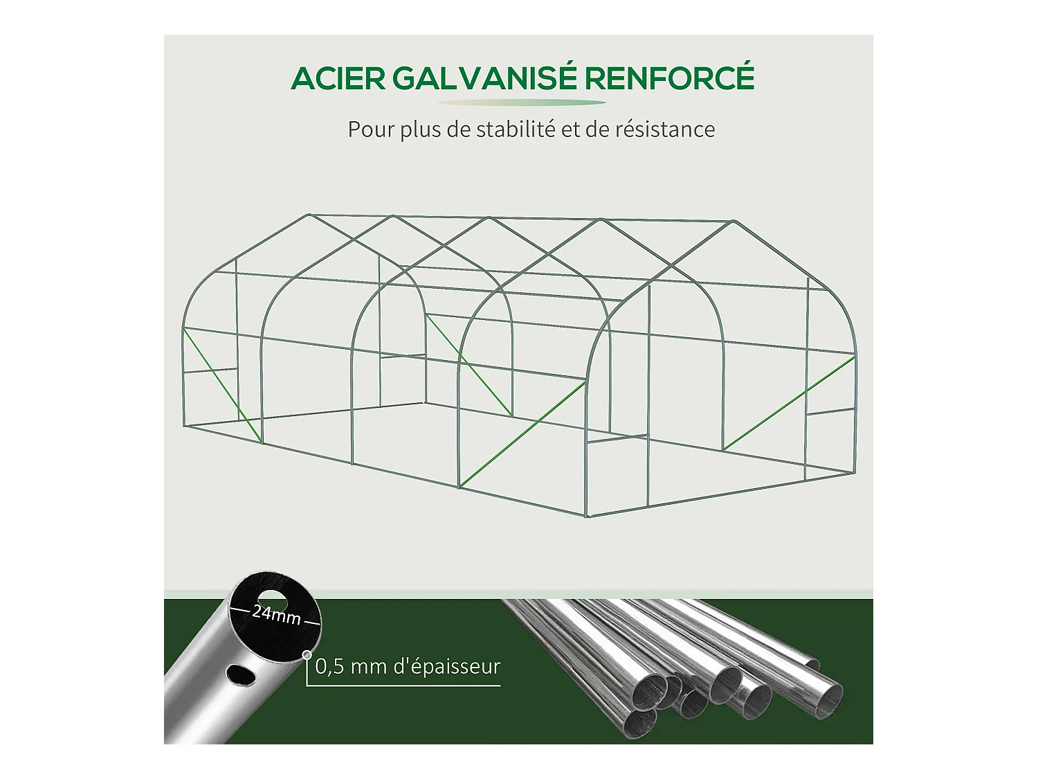 Serre tunnel grande taille 17,85 m² châssis tubulaire acier galvanisé renforcé 2,4 cm 8 fenêtres 1 porte