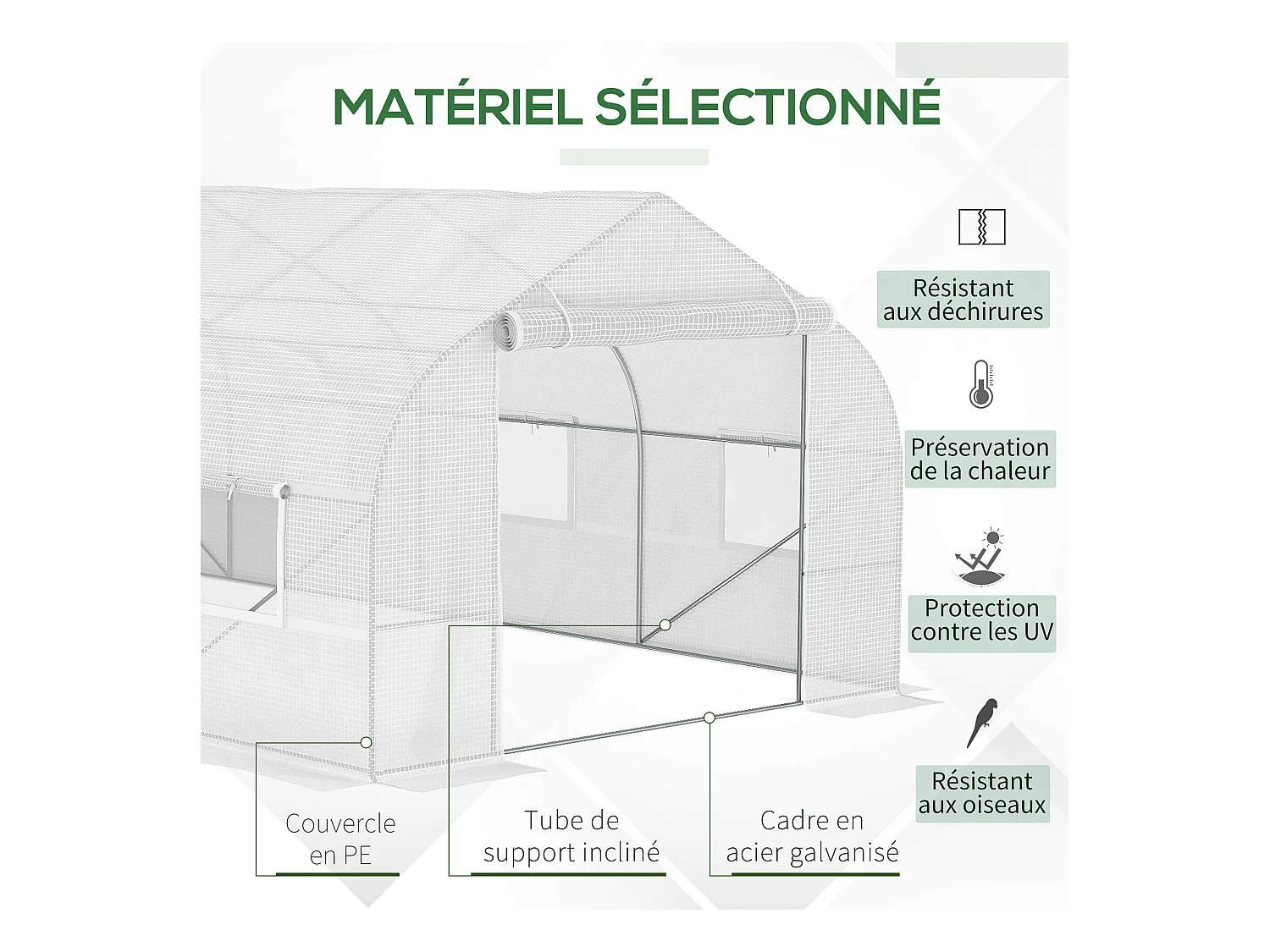 Serre tunnel grande taille 17,85 m² châssis tubulaire acier galvanisé renforcé 2,4 cm 8 fenêtres 1 porte