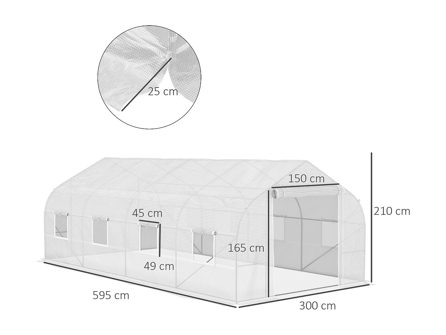 Serre tunnel grande taille 17,85 m² châssis tubulaire acier galvanisé renforcé 2,4 cm 8 fenêtres 1 porte blanc