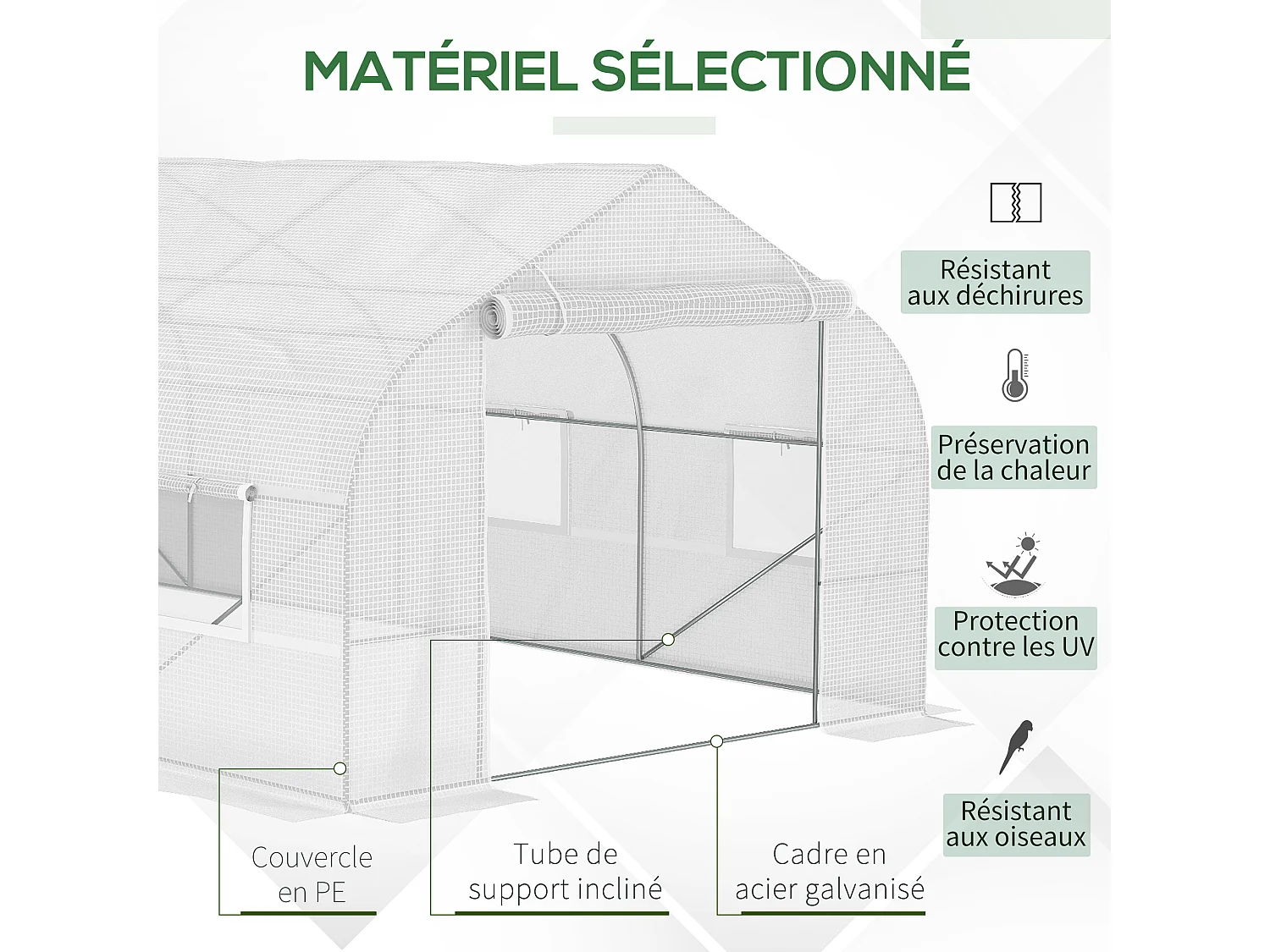 Serre tunnel grande taille 17,85 m² châssis tubulaire acier galvanisé renforcé 2,4 cm 8 fenêtres 1 porte blanc