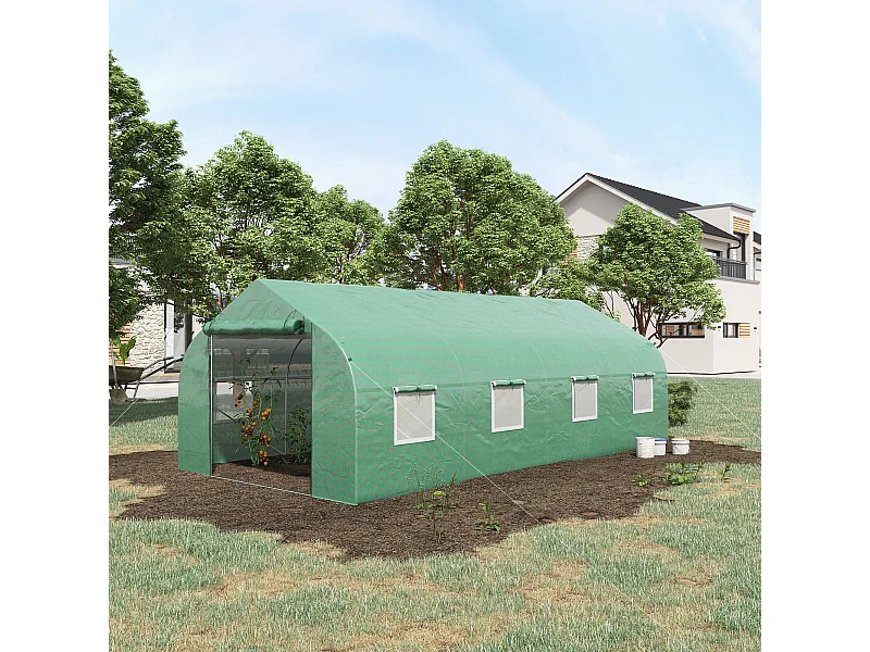 Serre tunnel grande taille 17,85 m² châssis tubulaire acier galvanisé renforcé 2,4 cm 8 fenêtres 1 porte vert