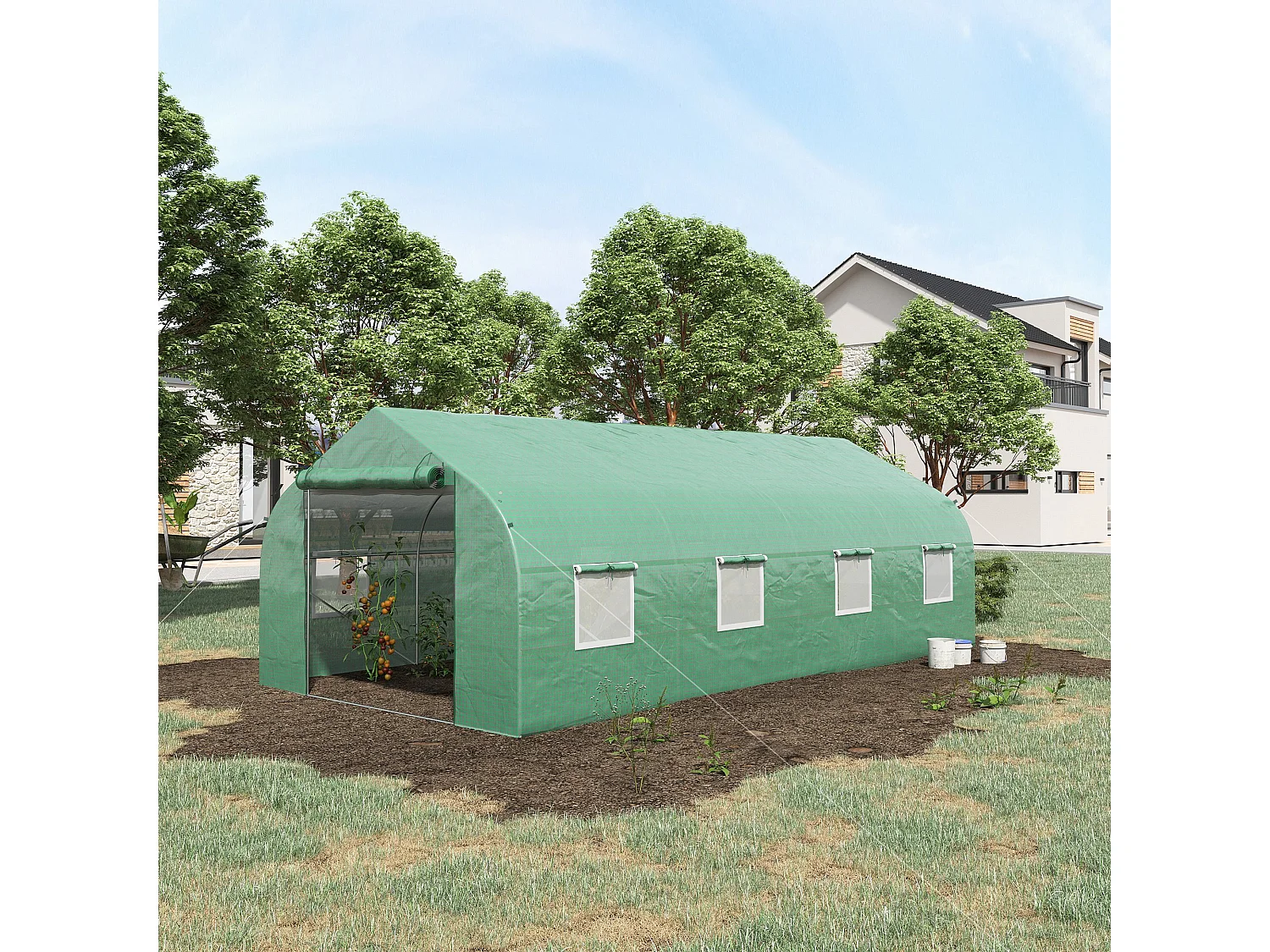 Serre tunnel grande taille 17,85 m² châssis tubulaire acier galvanisé renforcé 2,4 cm 8 fenêtres 1 porte vert