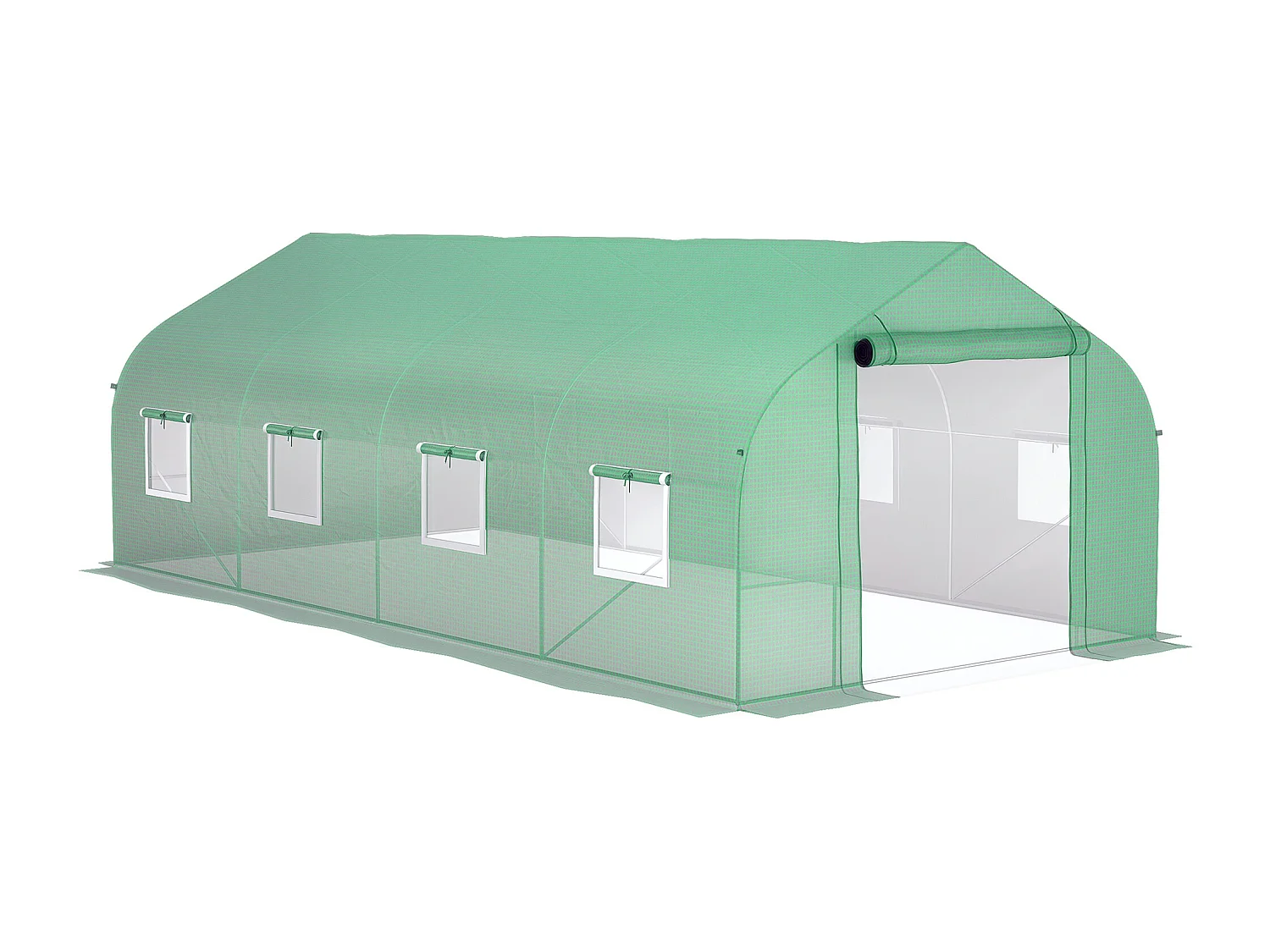 Serre tunnel grande taille 17,85 m² châssis tubulaire acier galvanisé renforcé 2,4 cm 8 fenêtres 1 porte vert