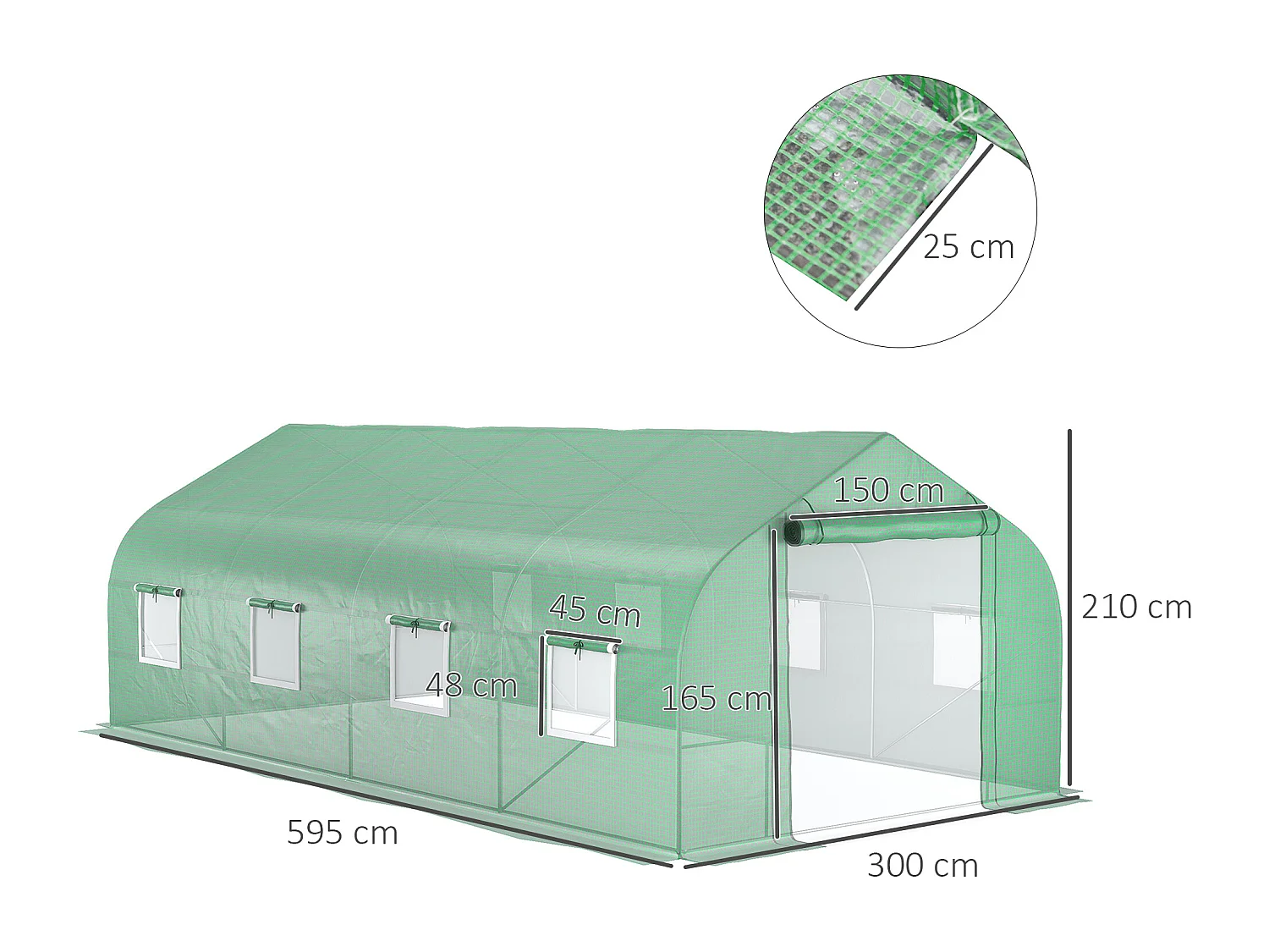 Serre tunnel grande taille 17,85 m² châssis tubulaire acier galvanisé renforcé 2,4 cm 8 fenêtres 1 porte vert
