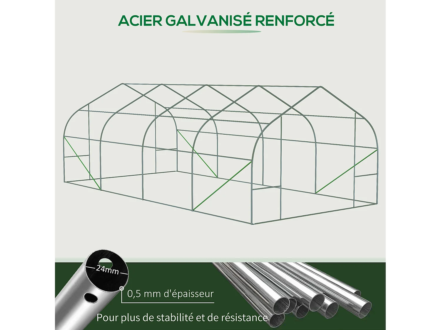 Serre tunnel grande taille 17,85 m² châssis tubulaire acier galvanisé renforcé 2,4 cm 8 fenêtres 1 porte vert