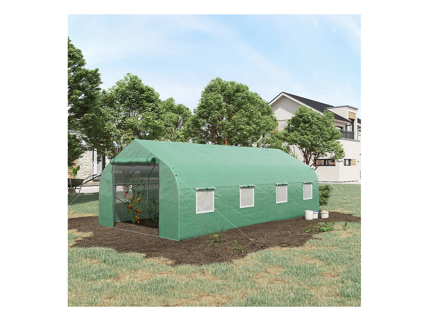 Serre tunnel grande taille 17,85 m² châssis tubulaire acier galvanisé renforcé 2,4 cm 8 fenêtres 1 porte vert