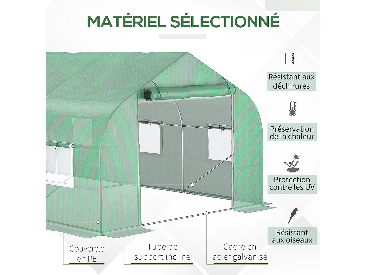 Serre tunnel grande taille 17,85 m² châssis tubulaire acier galvanisé renforcé 2,4 cm 8 fenêtres 1 porte vert