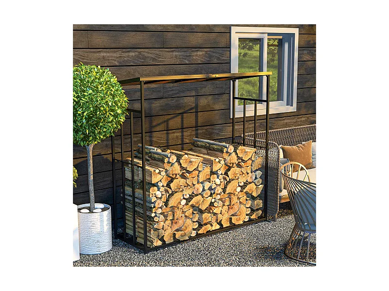 Abri-bûches pour bois de chauffage stockage extérieur du bois en métal et polycarbonate 185 x 67 x 185 cm noir