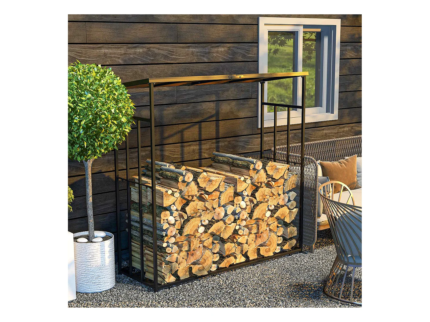 Abri-bûches pour bois de chauffage stockage extérieur du bois en métal et polycarbonate 185 x 67 x 185 cm noir