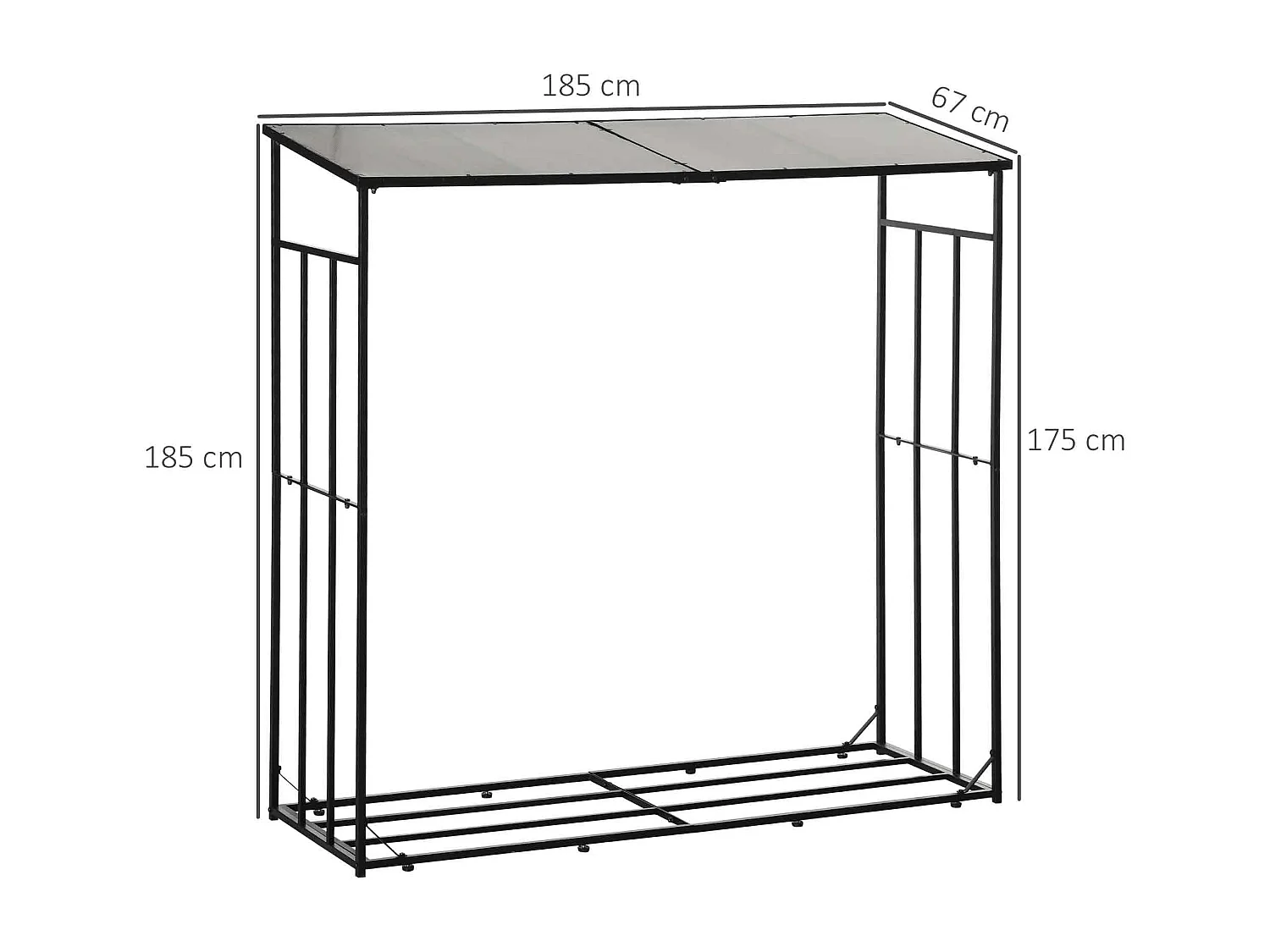 Abri-bûches pour bois de chauffage stockage extérieur du bois en métal et polycarbonate 185 x 67 x 185 cm noir