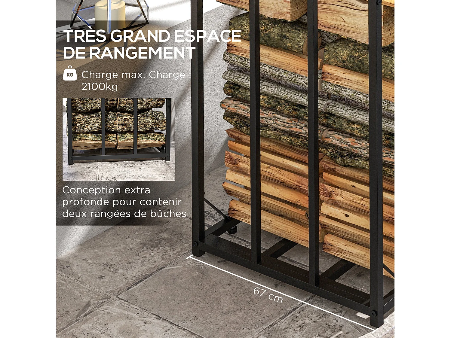 Abri-bûches pour bois de chauffage stockage extérieur du bois en métal et polycarbonate 185 x 67 x 185 cm noir