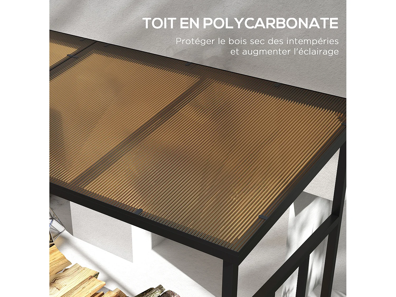 Abri-bûches pour bois de chauffage stockage extérieur du bois en métal et polycarbonate 185 x 67 x 185 cm noir