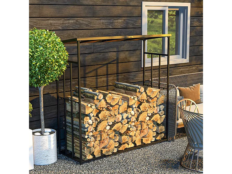 Abri-bûches pour bois de chauffage stockage extérieur du bois en métal et polycarbonate 185 x 67 x 185 cm noir