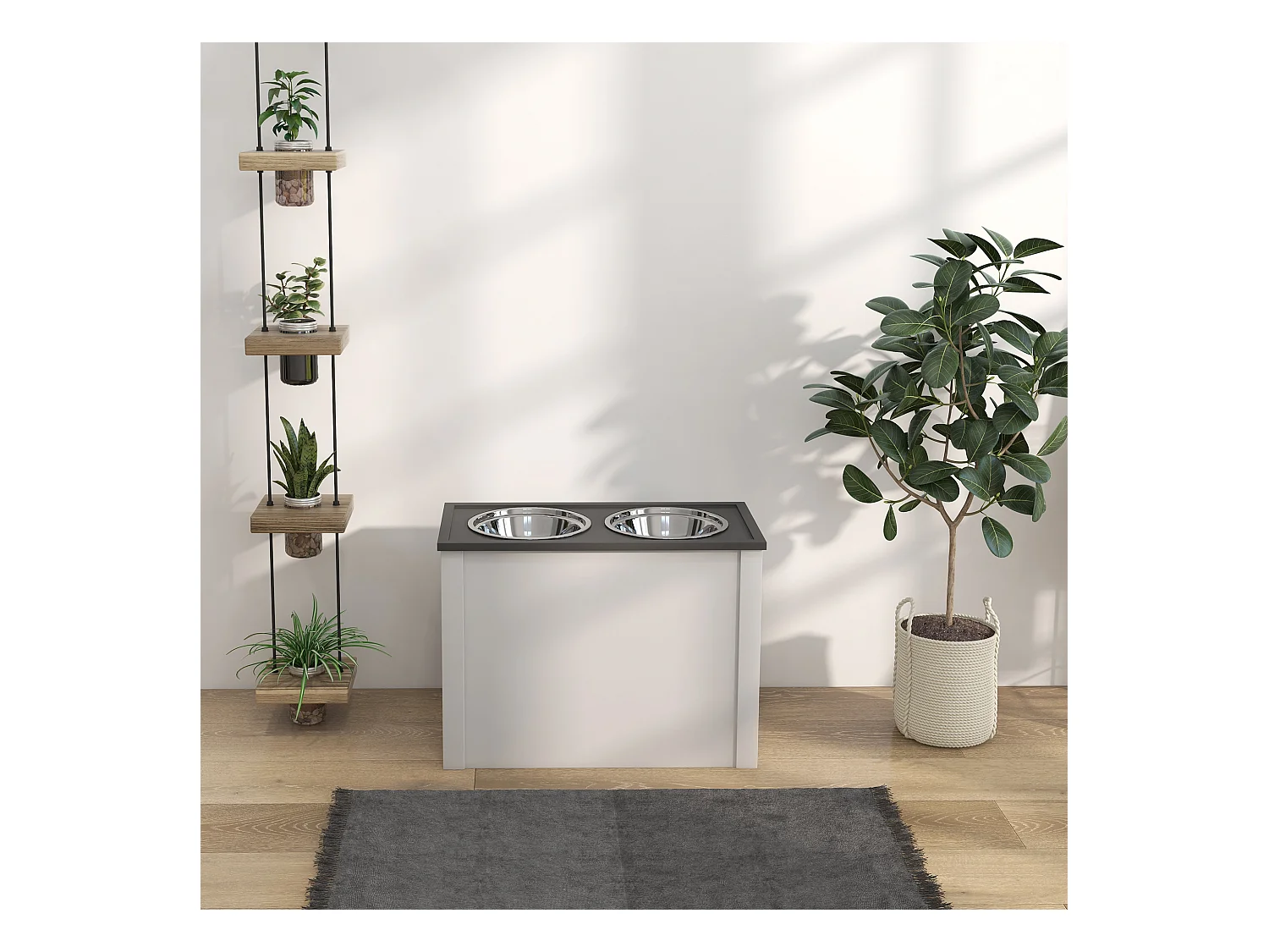 Gamelle double chien - porte-gamelles surélevé rangement 2 en 1 - tiroir, 2 gamelles - acier inox. MDF gris blanc