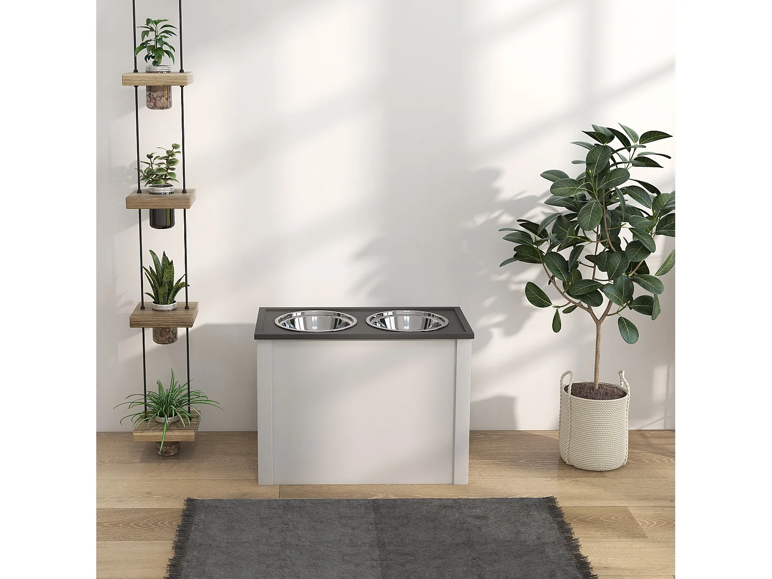 Gamelle double chien - porte-gamelles surélevé rangement 2 en 1 - tiroir, 2 gamelles - acier inox. MDF gris blanc