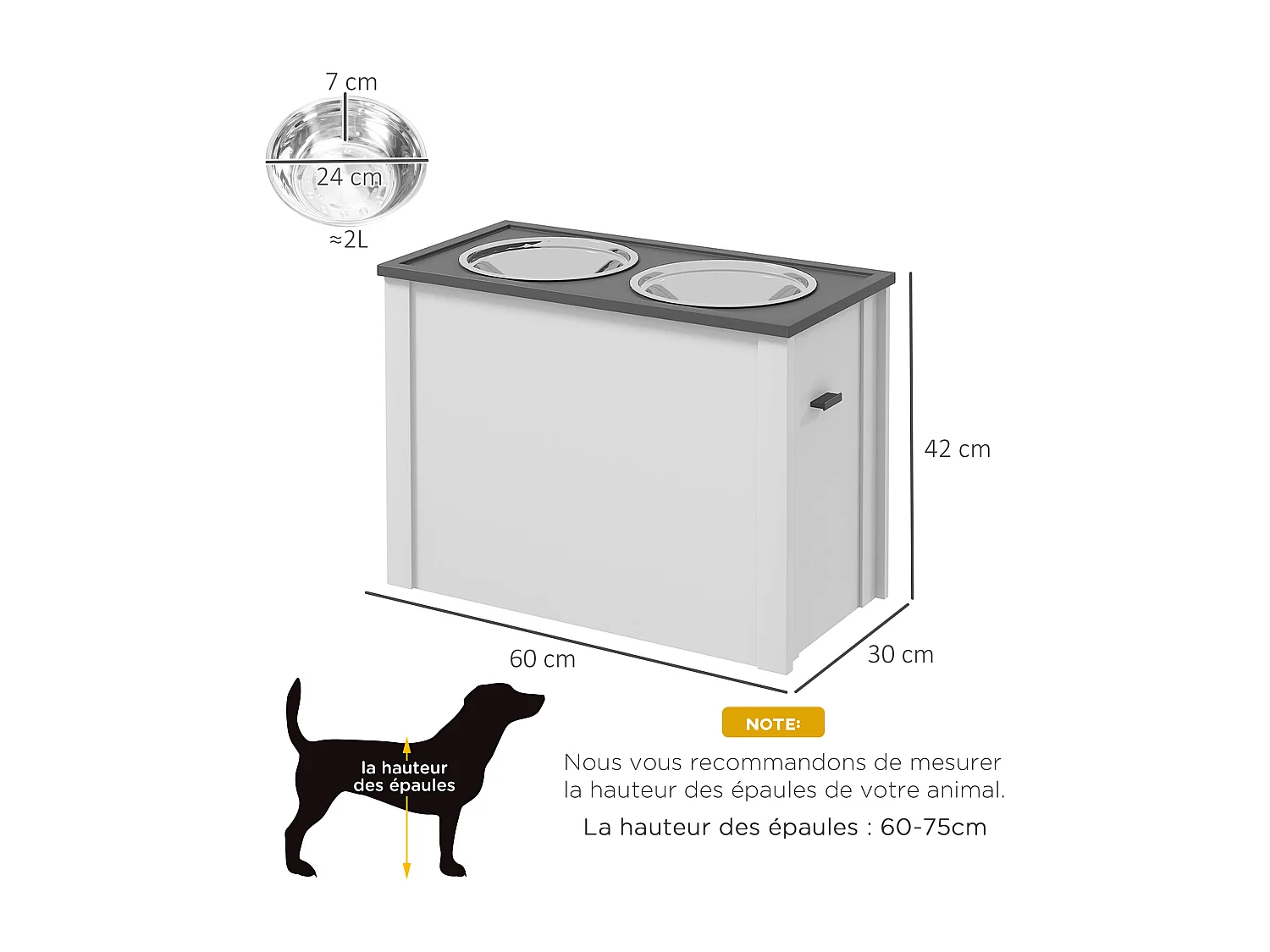 Gamelle double chien - porte-gamelles surélevé rangement 2 en 1 - tiroir, 2 gamelles - acier inox. MDF gris blanc