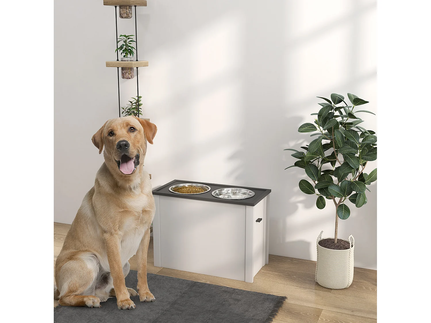 Gamelle double chien - porte-gamelles surélevé rangement 2 en 1 - tiroir, 2 gamelles - acier inox. MDF gris blanc