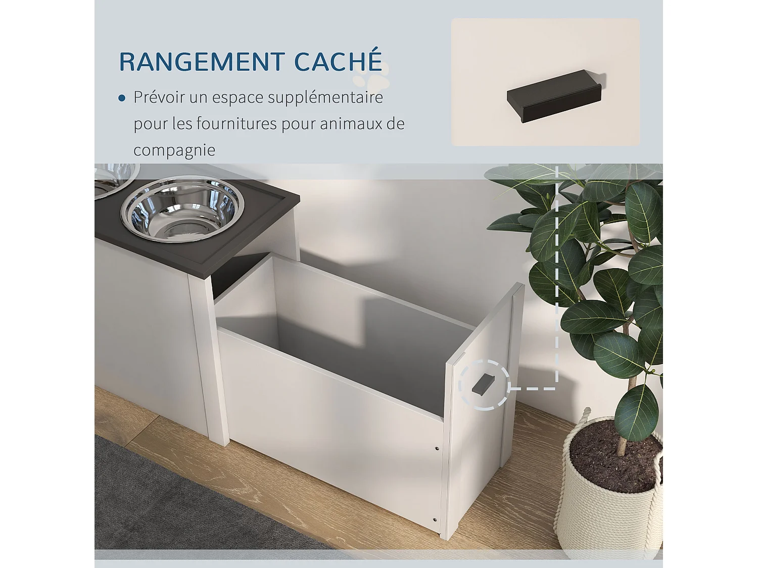 Gamelle double chien - porte-gamelles surélevé rangement 2 en 1 - tiroir, 2 gamelles - acier inox. MDF gris blanc