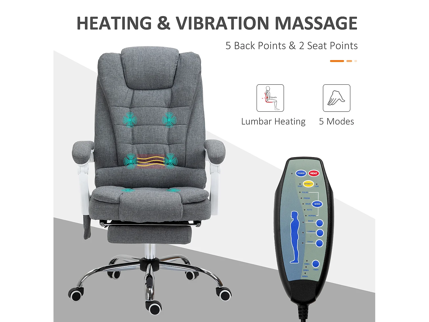 Fauteuil de bureau direction massant chauffant hauteur réglable dossier inclinable tissu gris