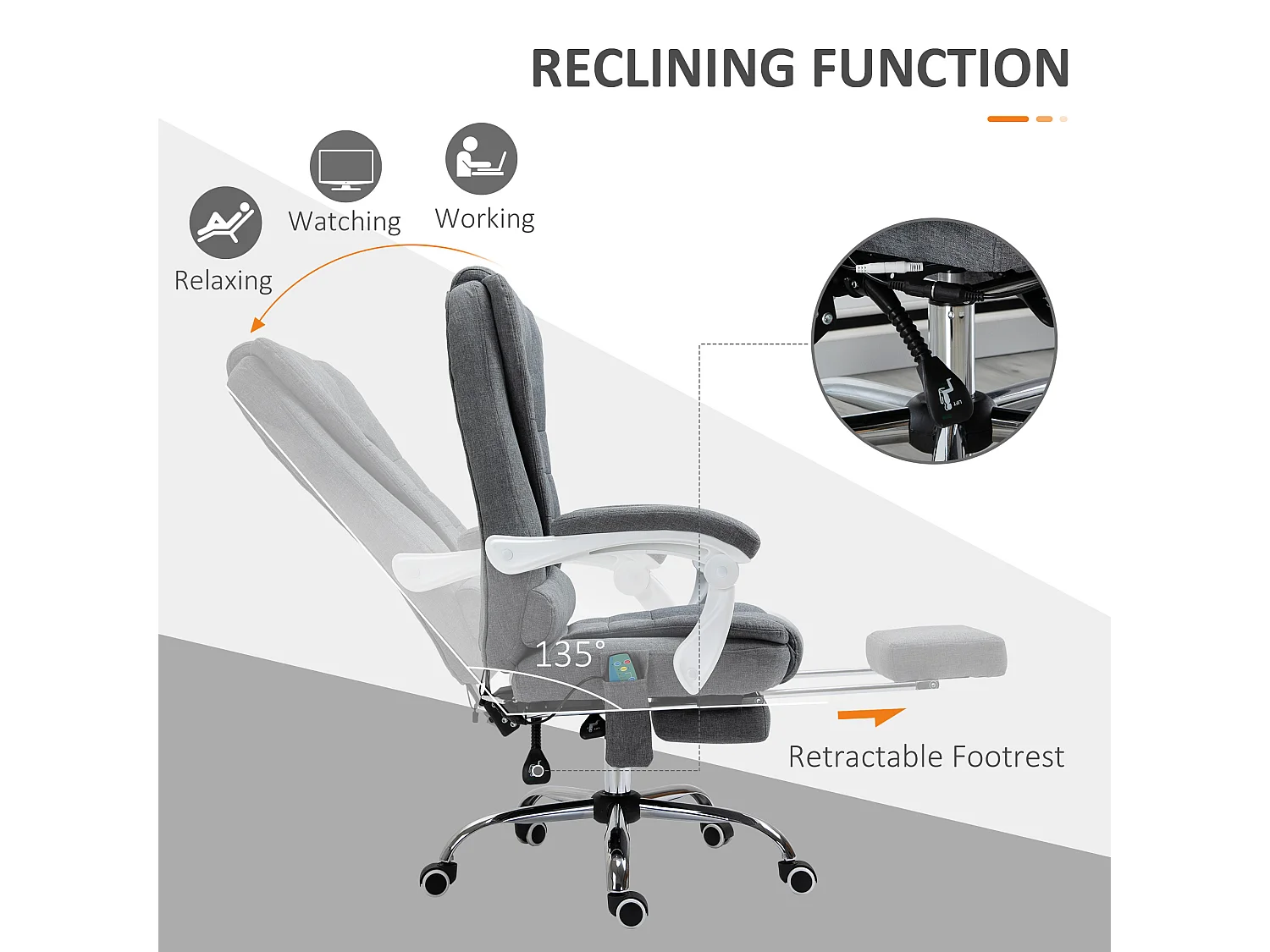 Fauteuil de bureau direction massant chauffant hauteur réglable dossier inclinable tissu gris