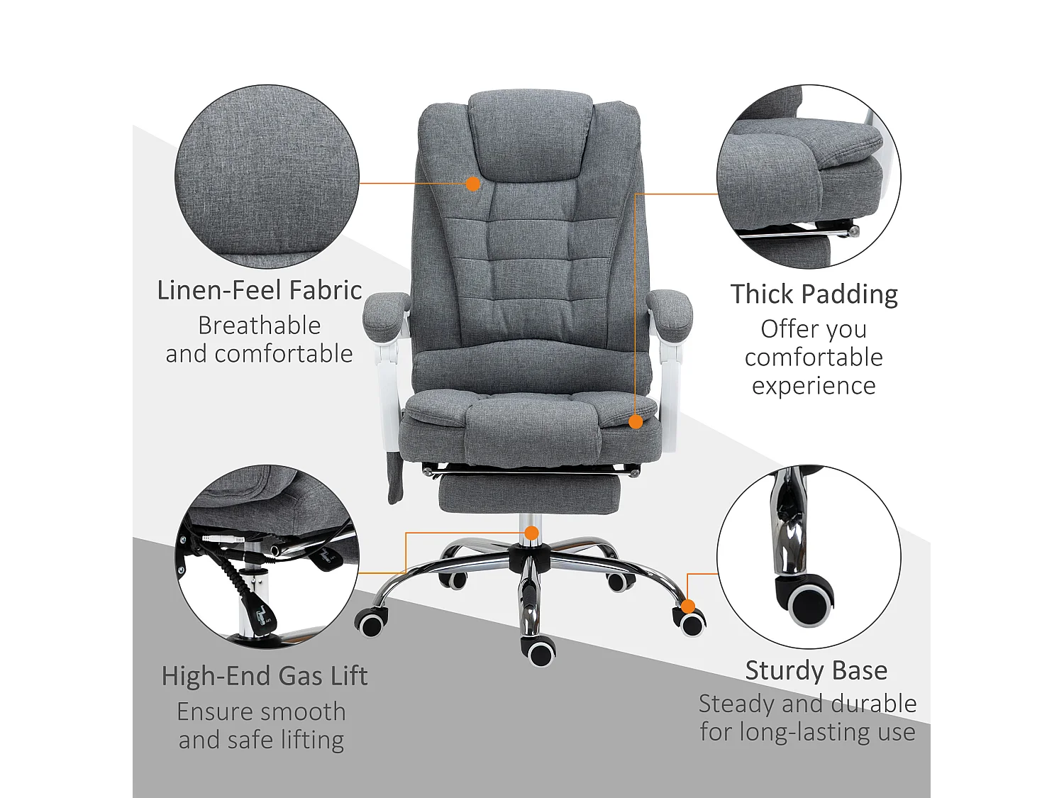 Fauteuil de bureau direction massant chauffant hauteur réglable dossier inclinable tissu gris