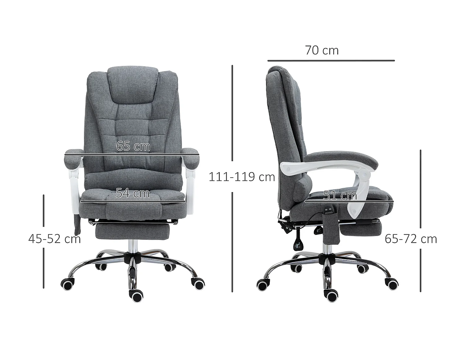 Fauteuil de bureau direction massant chauffant hauteur réglable dossier inclinable tissu gris