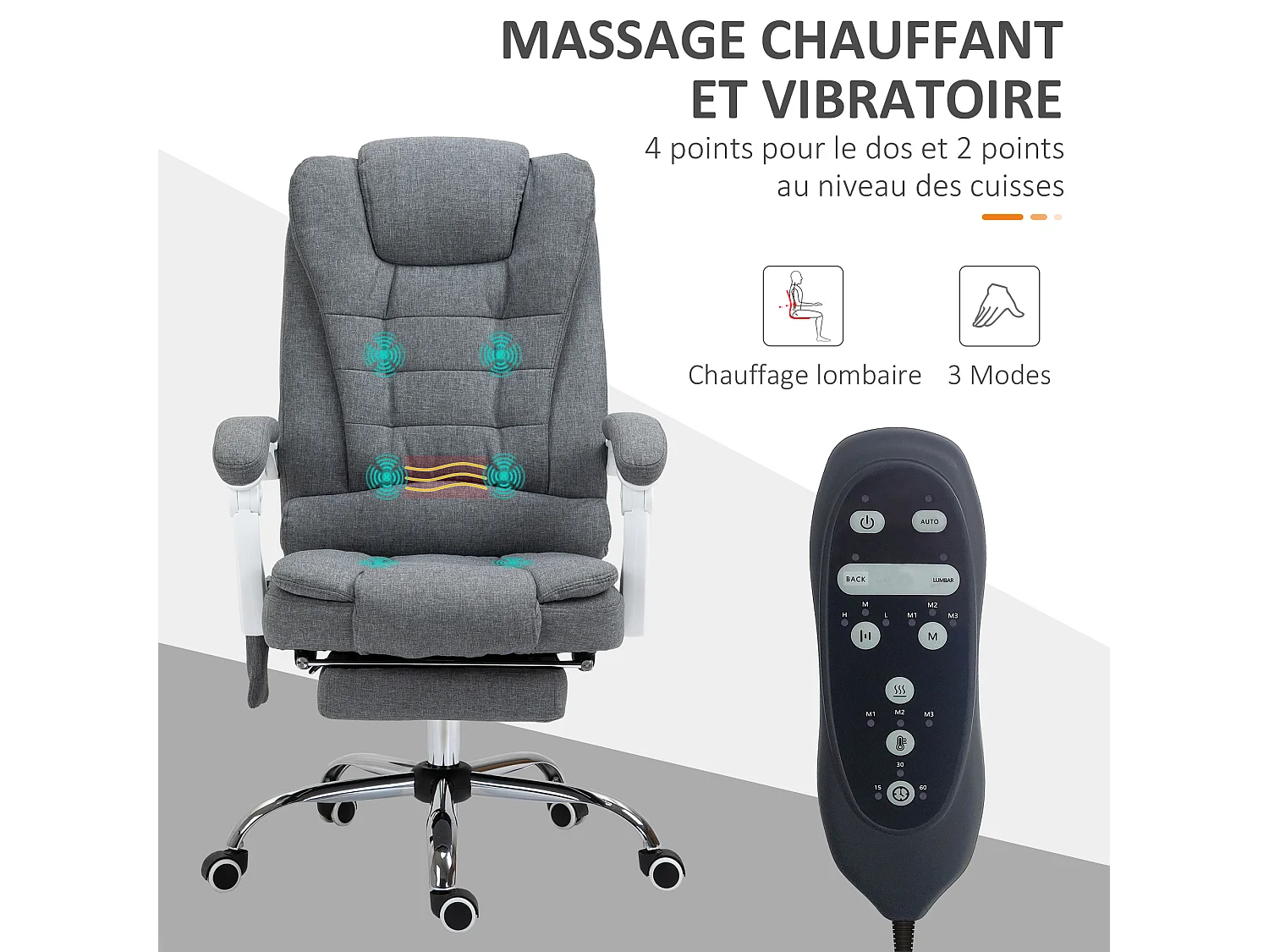 Fauteuil de bureau direction massant chauffant hauteur réglable dossier inclinable tissu gris