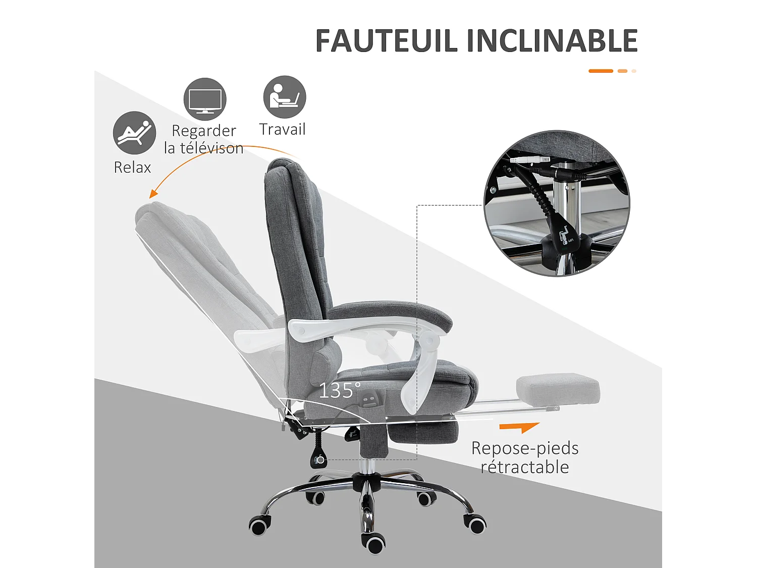 Fauteuil de bureau direction massant chauffant hauteur réglable dossier inclinable tissu gris