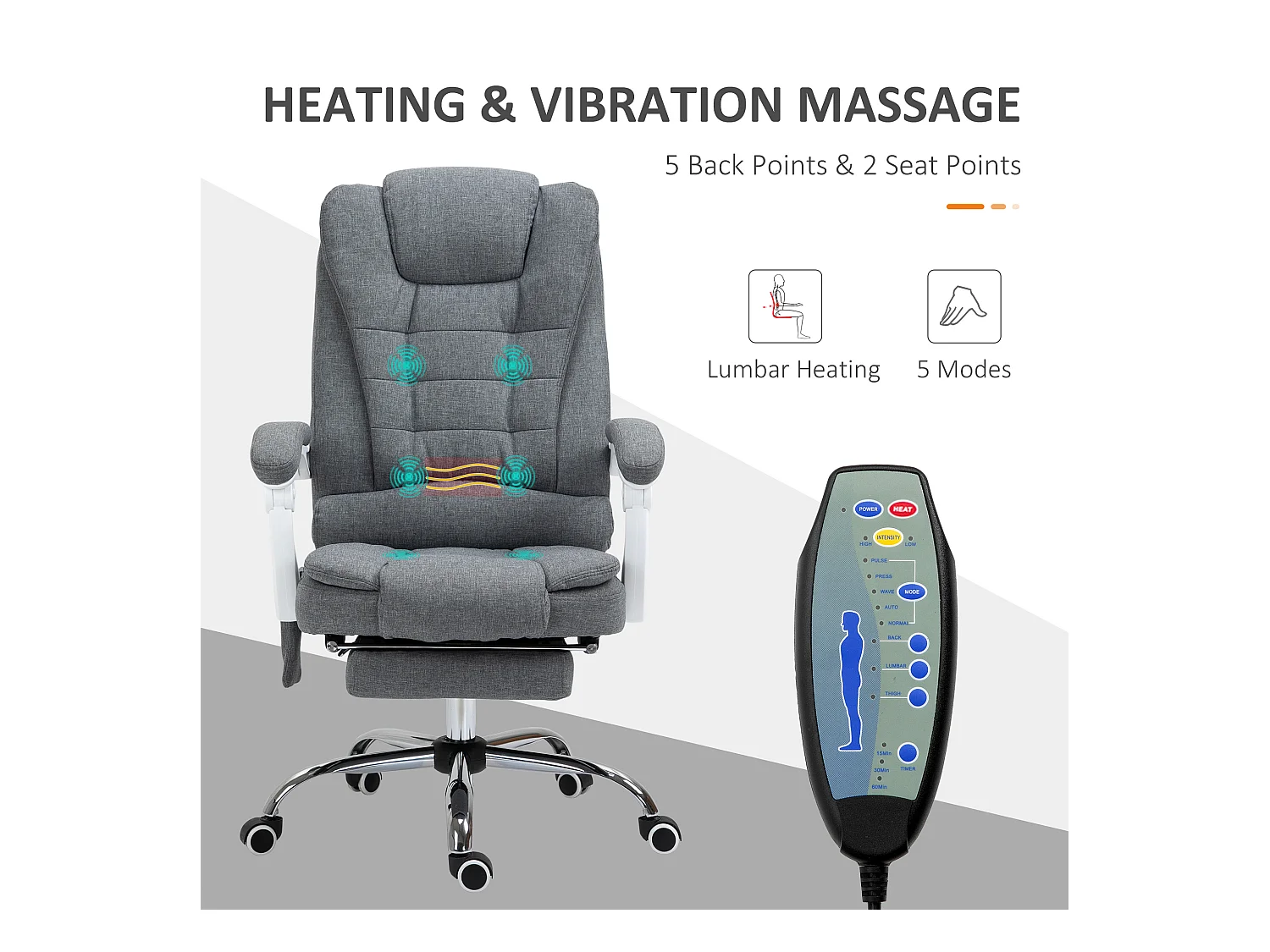 Fauteuil de bureau direction massant chauffant hauteur réglable dossier inclinable tissu gris