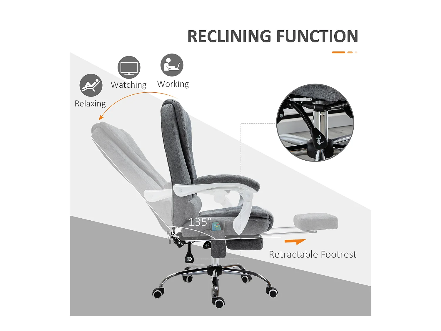 Fauteuil de bureau direction massant chauffant hauteur réglable dossier inclinable tissu gris